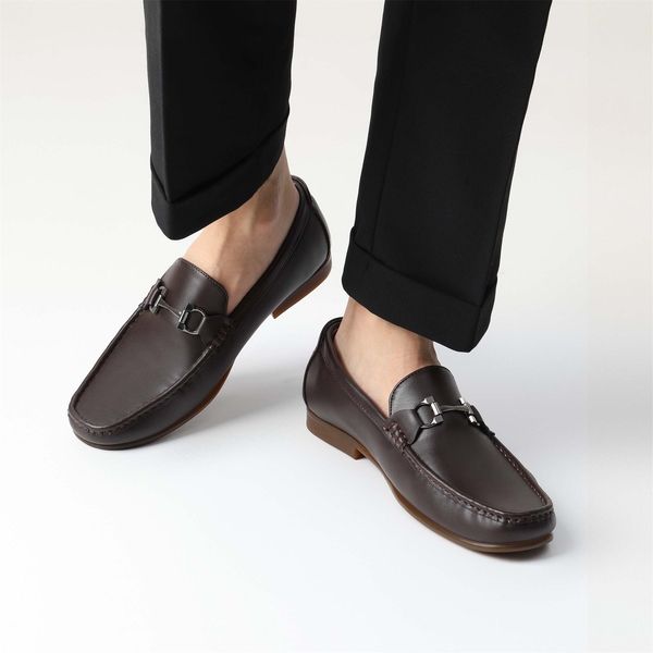 Men's PU Leather Metallic Horsebit Loafers - COFFEE - 1